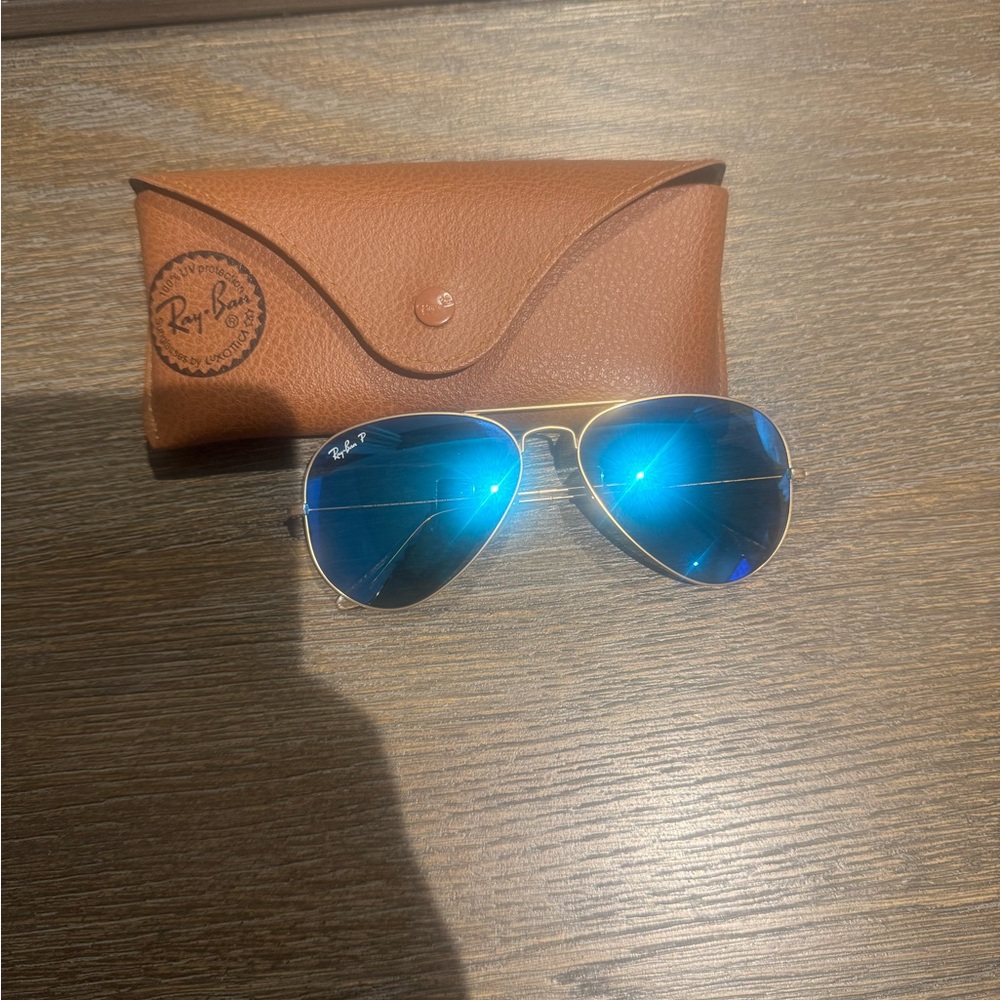 Ray-Ban Shiny Blue Aviator Sunglasses with Brown Case
